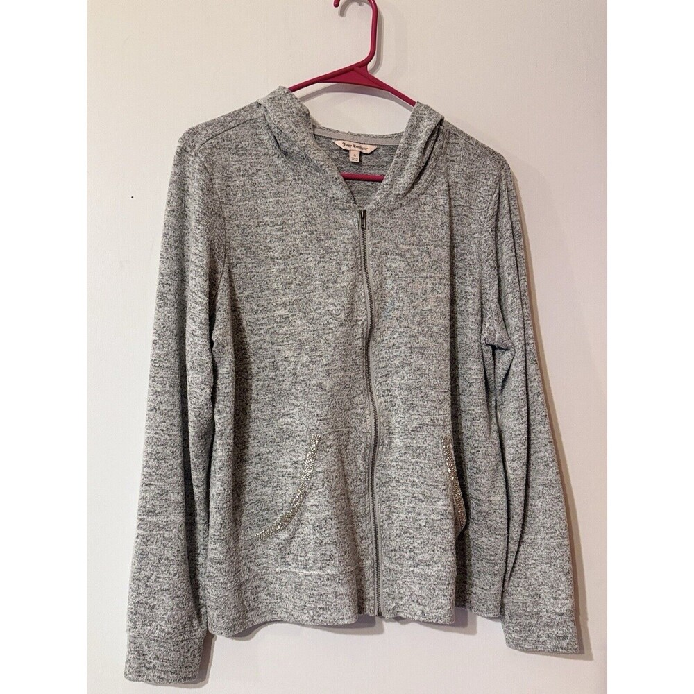 Juicy Couture Women's Hoodie Zip Up Gray Size Large Y2k Rhinestone Pockets